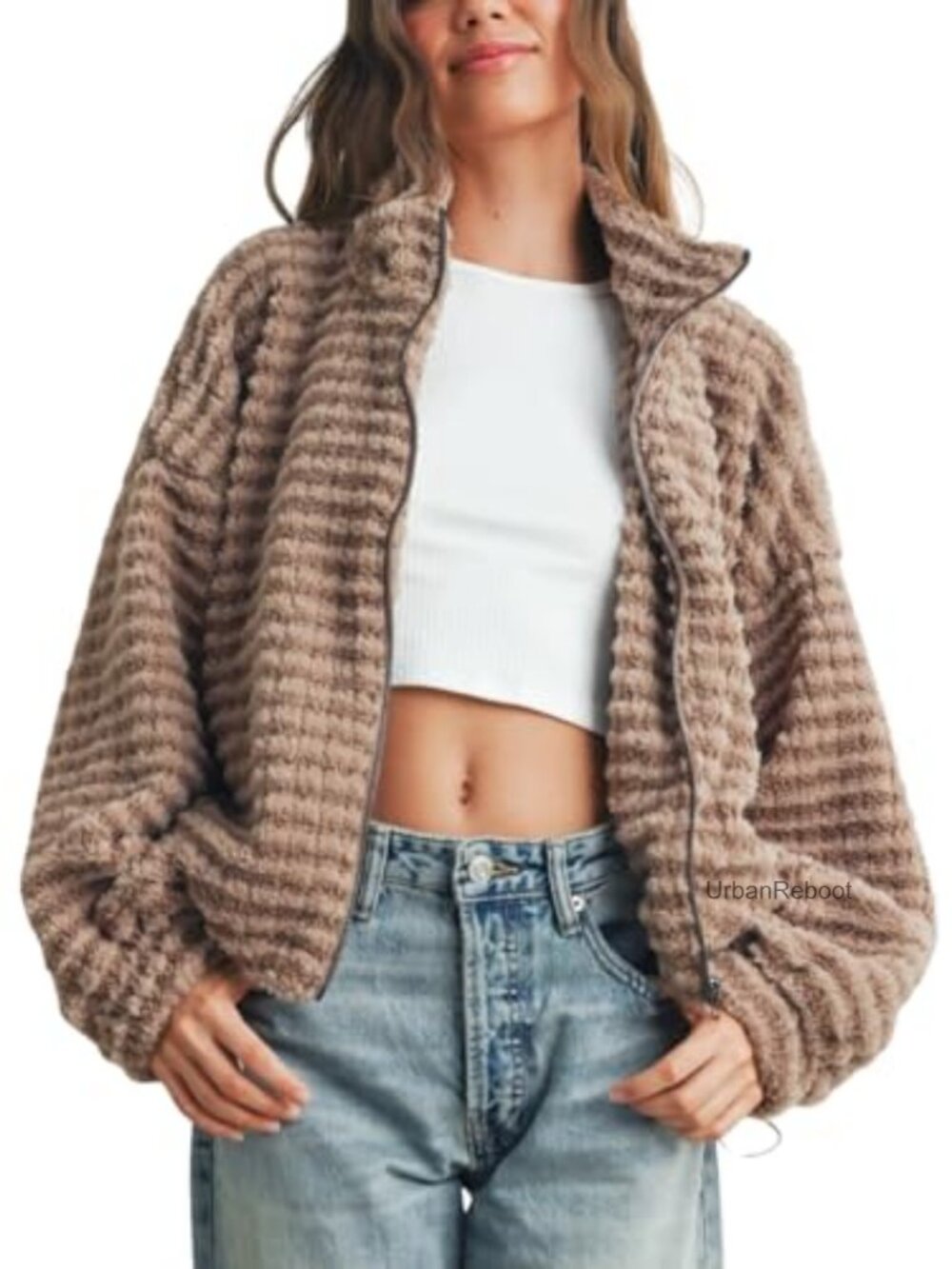 Womens Striped Fleece Jacket Winter Collared Puffer Coat Zip Up Fuzzy Shacket